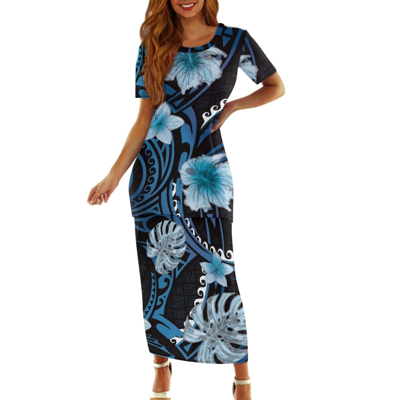 Polynesian Puletasi Samoan Traditional Women Top Long Skirts Set 2 Piece Short Sleeve Maxi Dress Set Beach Wear