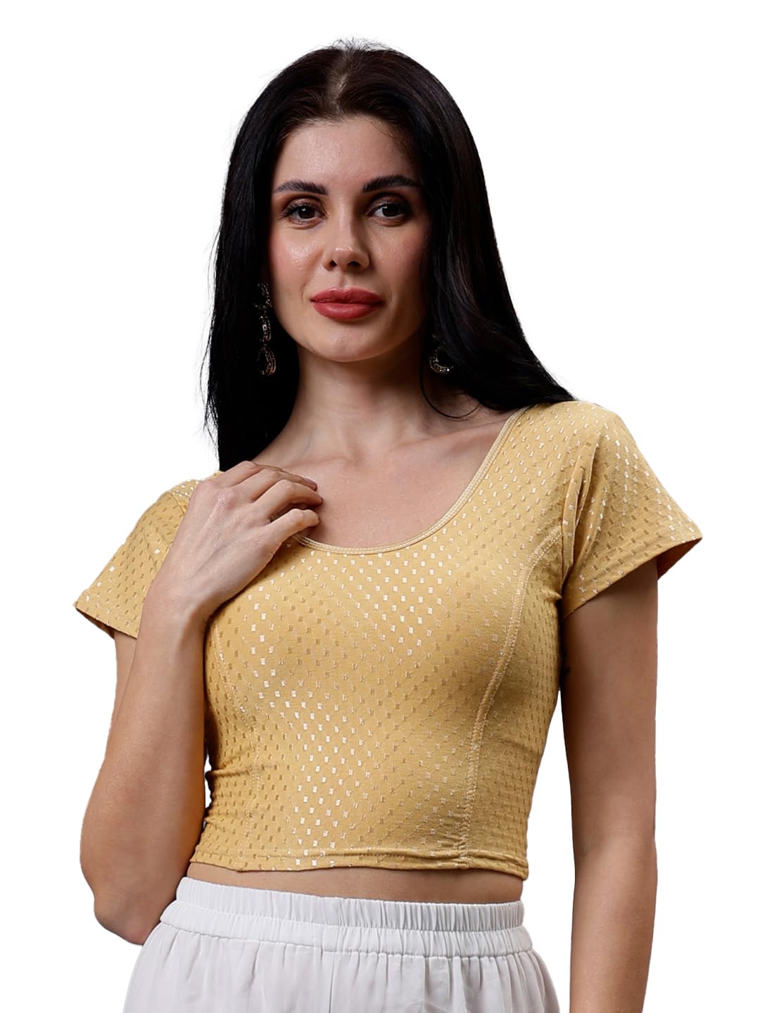 Round Neck Cotton Stretchable Short Sleeve Readymade Saree Blouse for Women-image-19