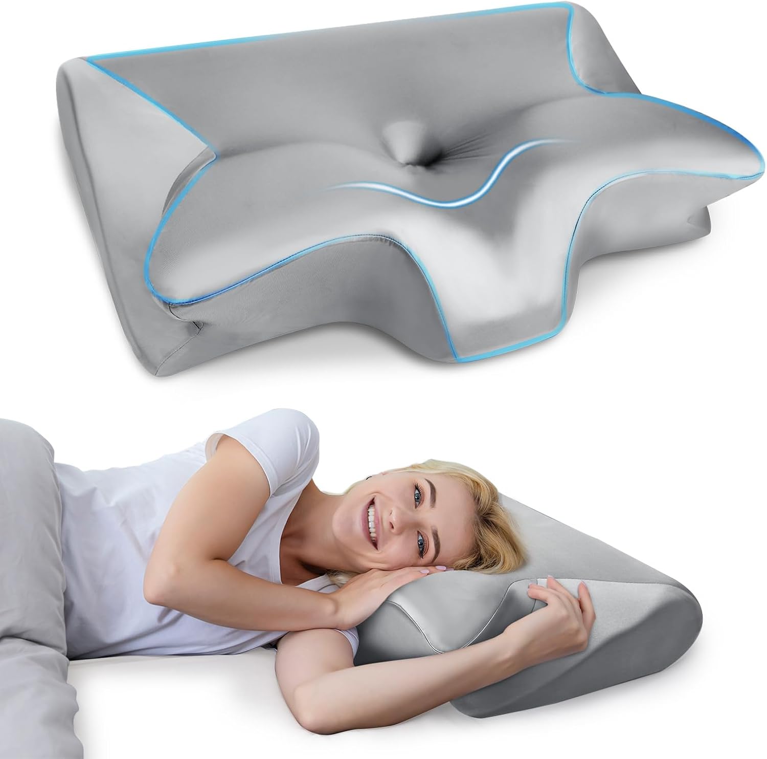 HOMCA Memory Foam Pillow, 2 in 1 Cervical Pillow for Neck Pain Relief, Ergonomic Neck Support Pillows for Side Back Stomach Sleepers with Breathable Silky Satin Pillowcase (Satin Gray)