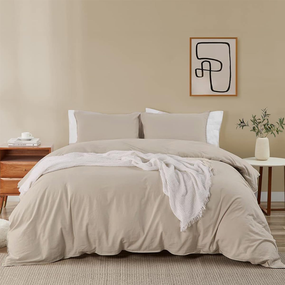Soifox Bettwäsche 200x220 Beige - aus Mikrofaser Bügelfrei & Knitterfrei Bettbezug 200 x 220 Set mit 80x80 cm Kissenbezug 2er Set Bettwasche mit Reißverschluss