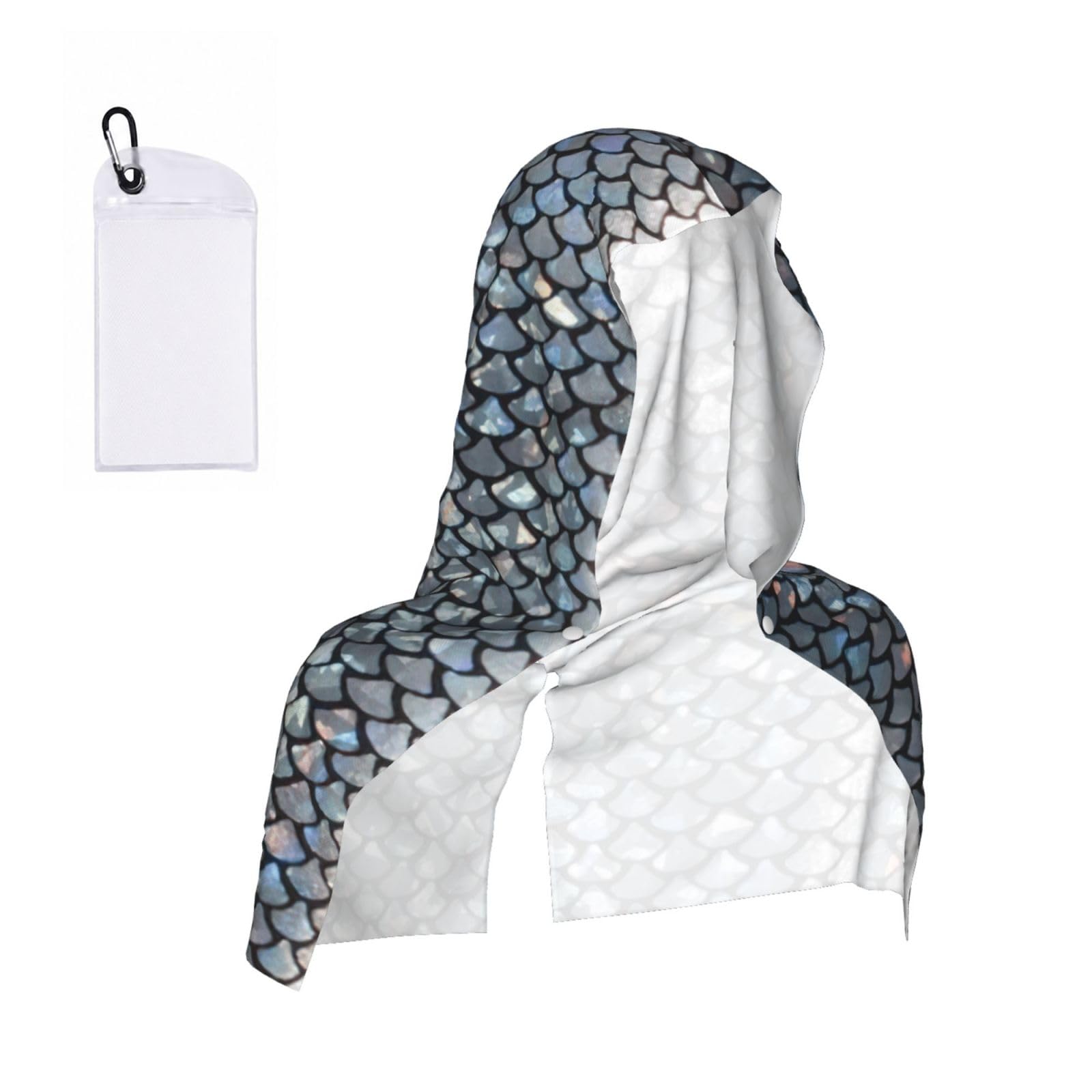 DUWAA Silver Fish Scale Print Cooling Hooded Sports Towel, 30×60cm Quick Drying Summer Cool Head Wrap For Neck And Face