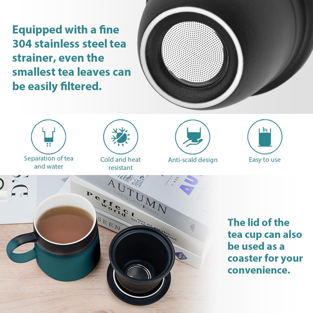 ADERTOS Tazza da Tè in Ceramica con Filtro e Coperchio 375 ml Tazza in Ceramica Tazze da Te con Infusore in Acciaio Inossidabile per l'ufficio e la Casa, con Scatola Regalo