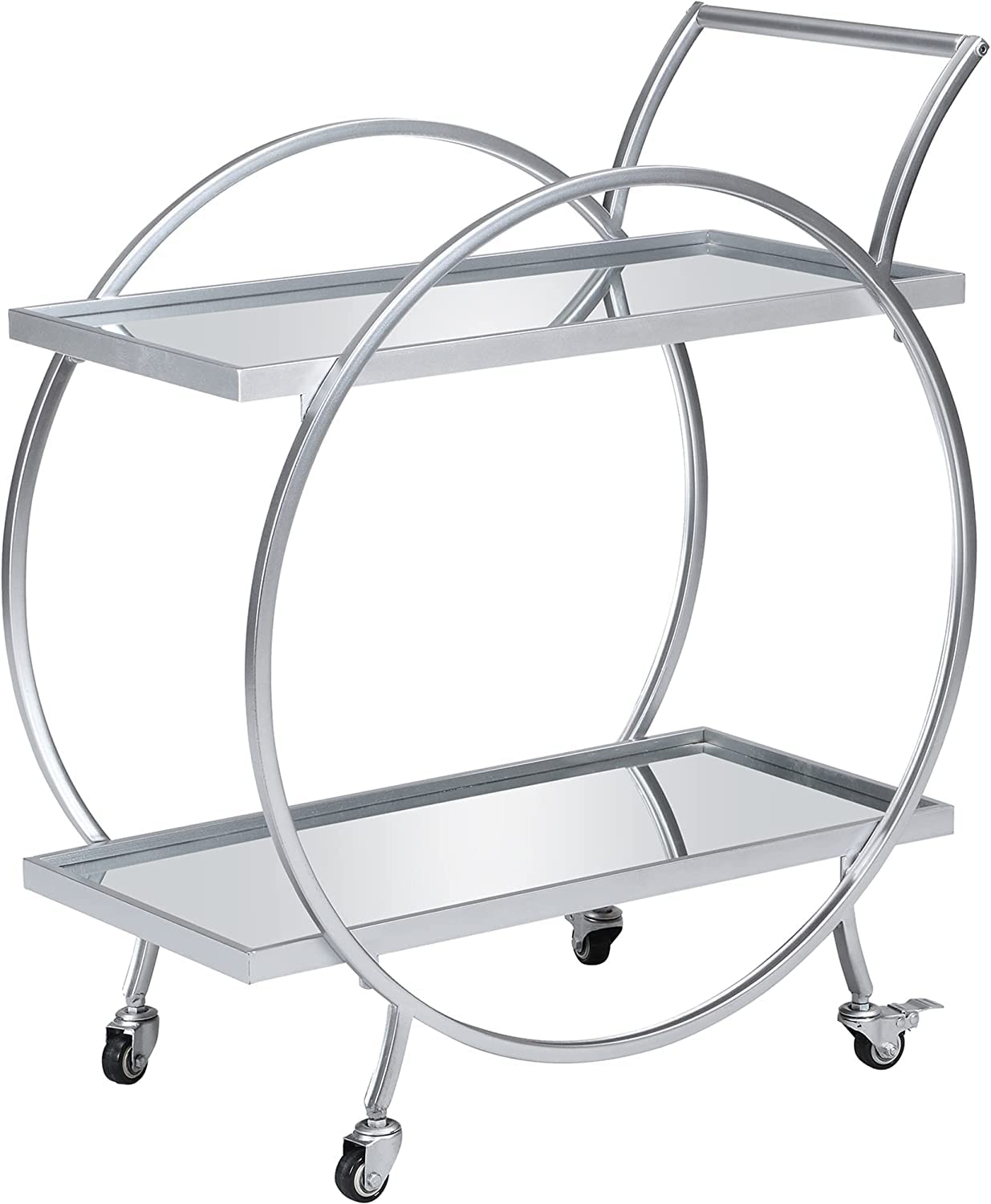 HOMETASTE Modern Metal Bar Serving Cart with Mirrored Glass Shelves - Round Gold Bar Cart - Rolling Bar Cart - Mini Bar Cart for Home/Kitchen/Club/Living Room, Rolling Wheeled Design (Silver Colour)