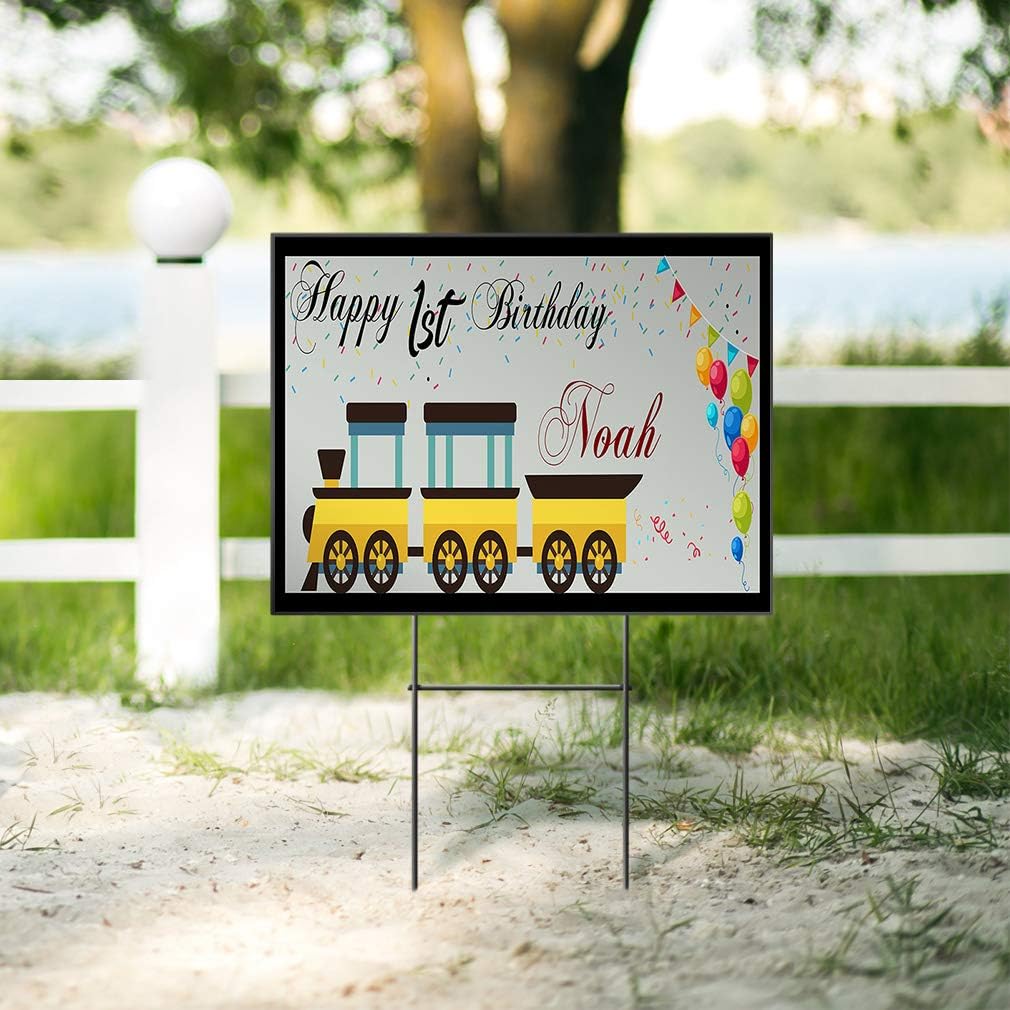 Custom Personalized Yard Sign Happy Age Birthday Boy Name Train Train White One Side Print 18inx12in