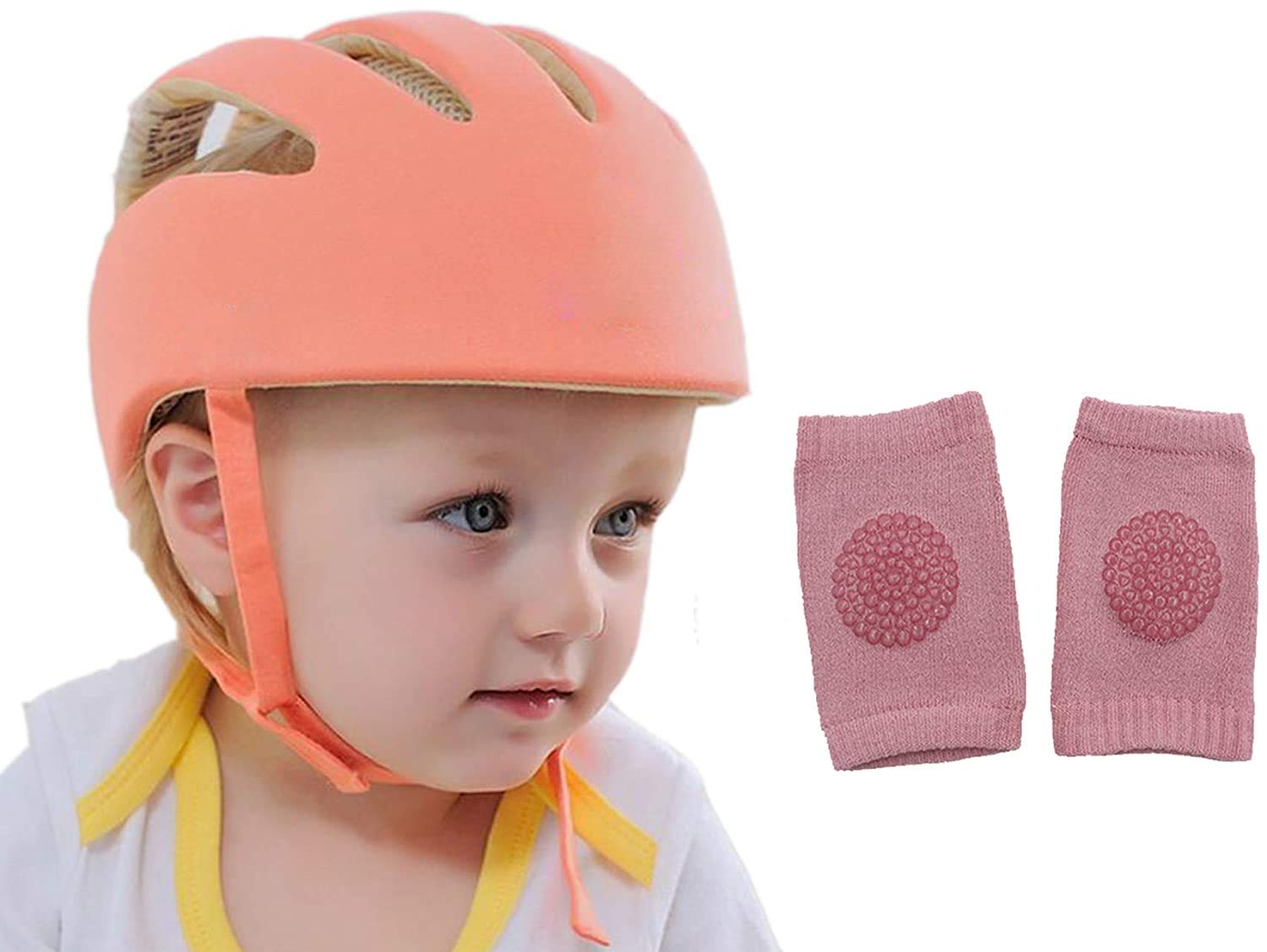 Baby Head Protector Helmet with Adjustable Safety Chin Harness – Prevents Bumps & Falls | Baby Safety Helmet (6 to 60 Months) | Combo with Kneepads (Orange)