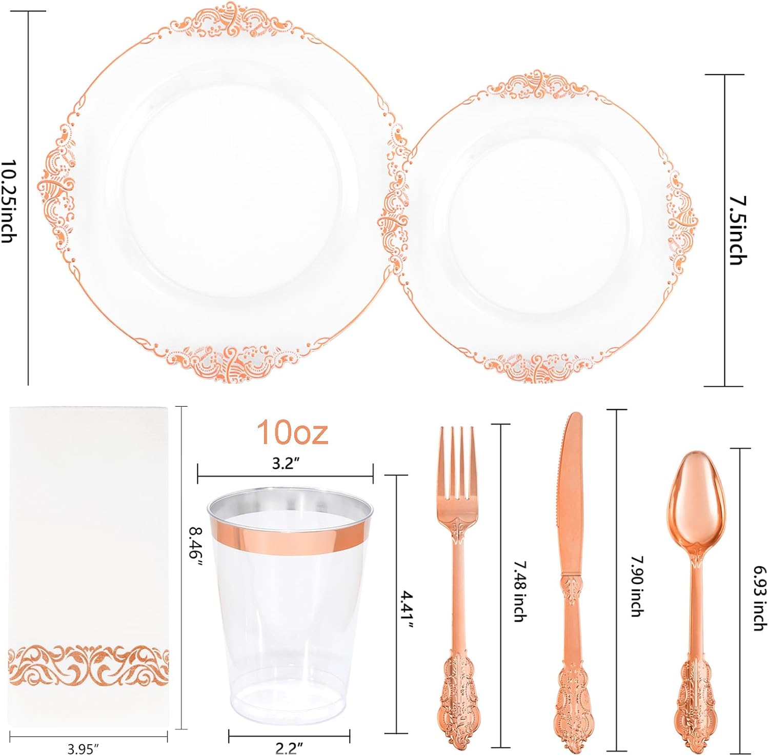 Morejoy 175PCS Rose Gold & Silver Plastic Dinnerware Set: 25 Plates, 25 Forks, 25 Knives, 25 Spoons, 25 Cups, 25 Napkins - Perfect for Wedding & Party - Image 5