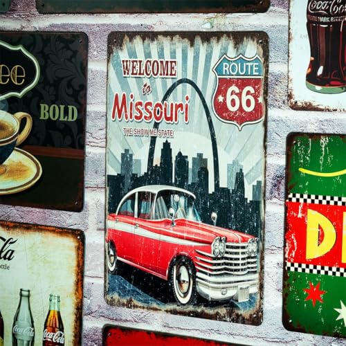 Image of Decorative Retro Metal Signs Wall Plate - 12x8 Inch (Welcome to Misouri) | Weatherproof Vintage Metal Sign Plate for Cafe, Home, Bar, Garage | Decorative Wall Hanging Sign Board