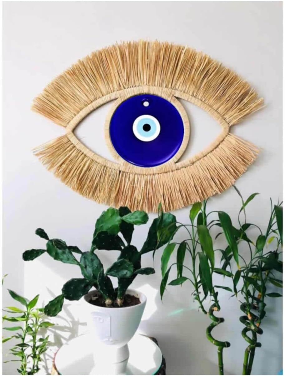Handmade Raffia Evil Eye Wall Decor Bohemian Style Protective Amulet for Living Room Entryway Rustic Charm - Beige