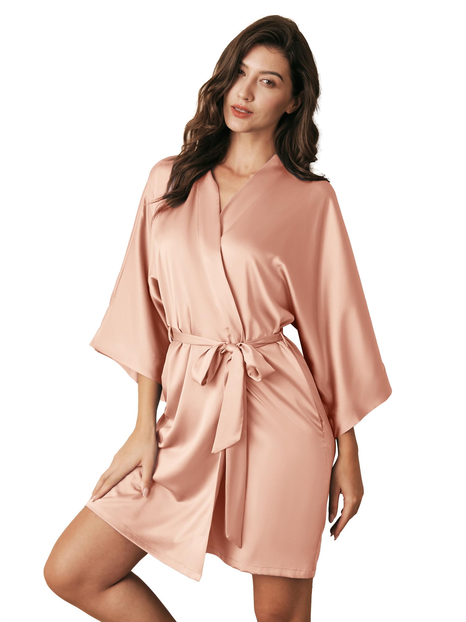 AW BRIDAL Silk Robes for Women, Short Bridesmaid Robes for Bridal Wedding Party, Bride Satin Bathrobe with Long Sleeve