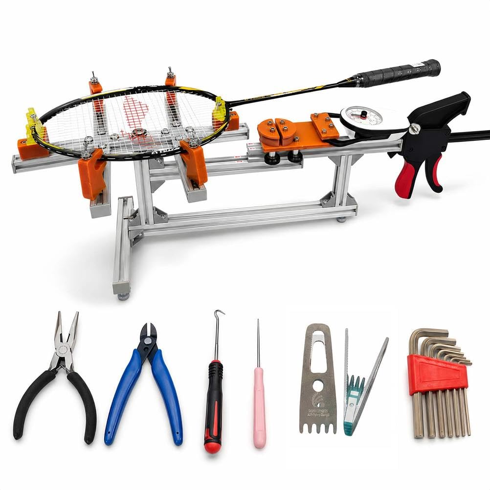 Incordatrice per racchette da badminton con kit di attrezzi, telaio in lega di alluminio, tenditore manuale da 20 a 14,5 kg, sistema di montaggio a 6 punti per casa, studenti, club e hobby