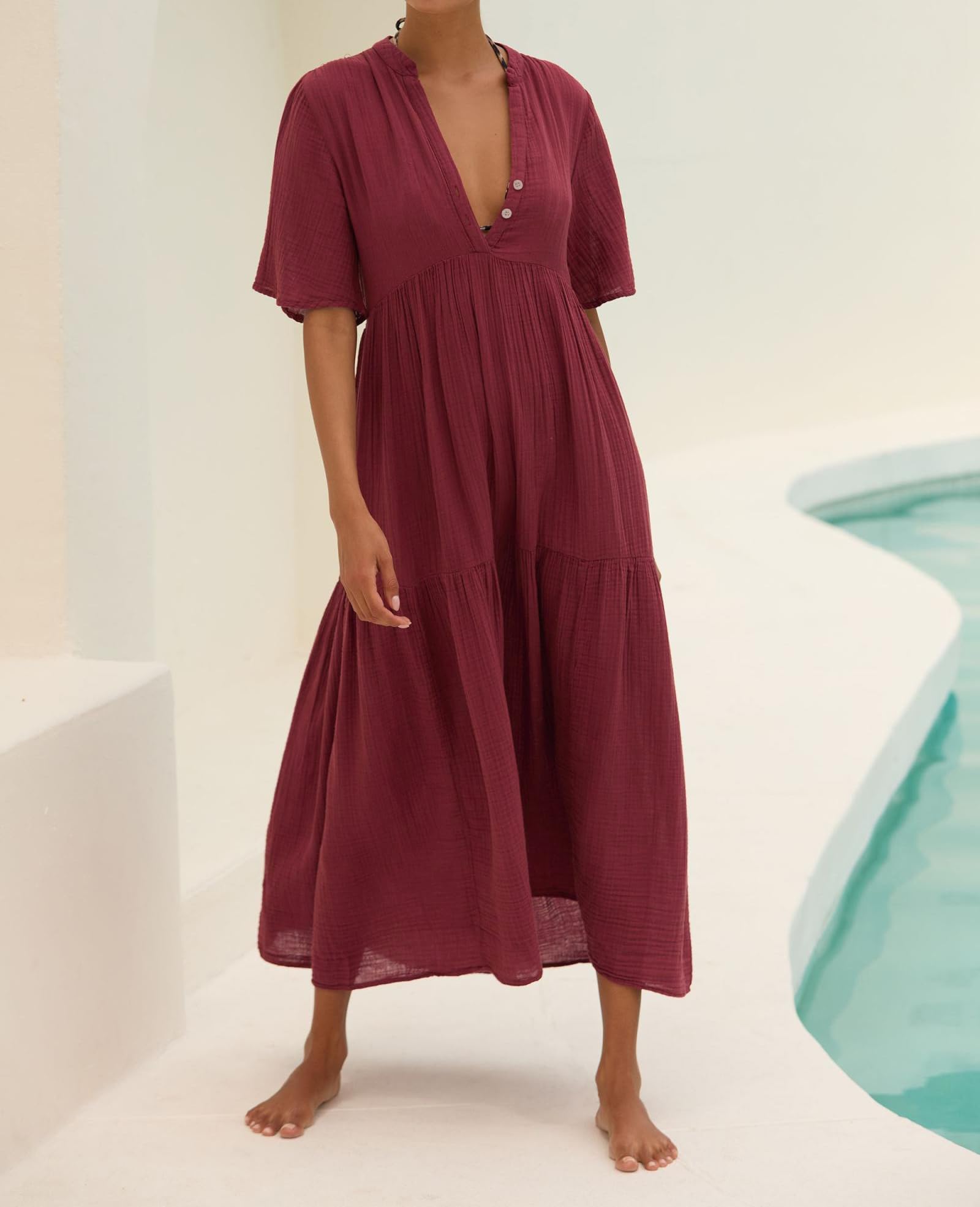 R.Vivimos Femmes été V Col Chemise Manches Courtes Robe Robe De Plage Longue Robe Maxi Décontractée