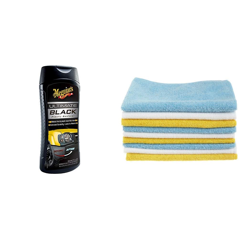 Meguiar's G15812EU Ultimate Black Rénovateur Plastiques Extérieurs - 355 ML & Amazon Basics Lot de 12 Chiffons Microfibre