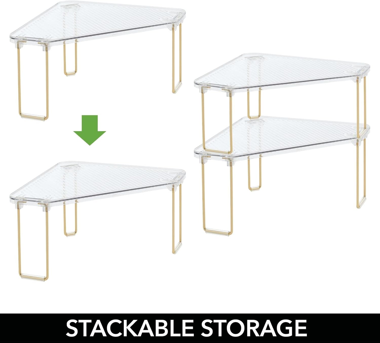 mDesign Plastic/Steel Corner Stackable Rack, Storage Organizer Shelf for Bathroom, Vanity, Countertop, Sink, Cabinet, Holds Makeup, Shower Accessories, Ligne Collection - 2 Pack - Clear/Soft Brass