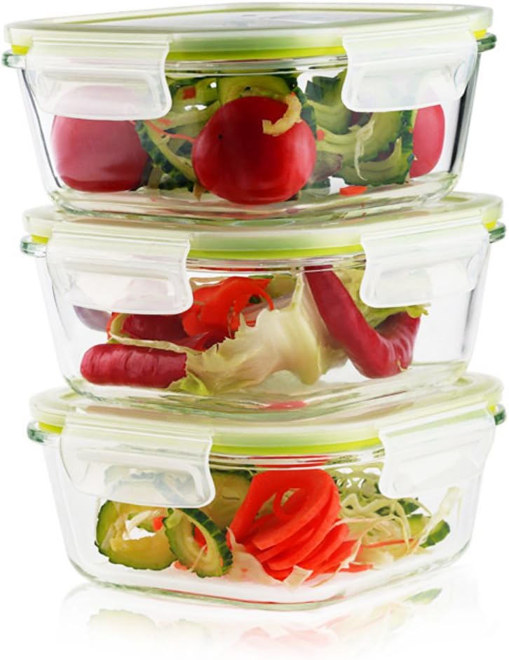 3 Pieces Glass Food Storage Container Set with Snap Locking Lid,Airtight,Microwave,Oven,Freezer,Dishwasher Safe,BPA-Free