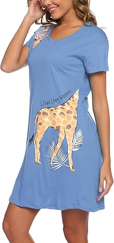 Miniatura 3 de ENJOYNIGHT Camisón para mujer de algodón con mangas cortas, camisón casual con estampado para dormir