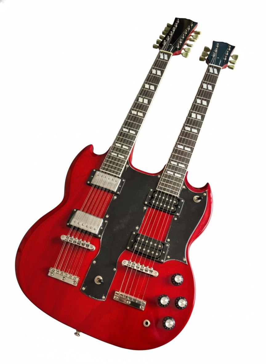 Chitarra elettrica a doppio manico, 12 e 6 corde, corpo in mogano massello, tastiera in palissandro, colore rosso trasparente
