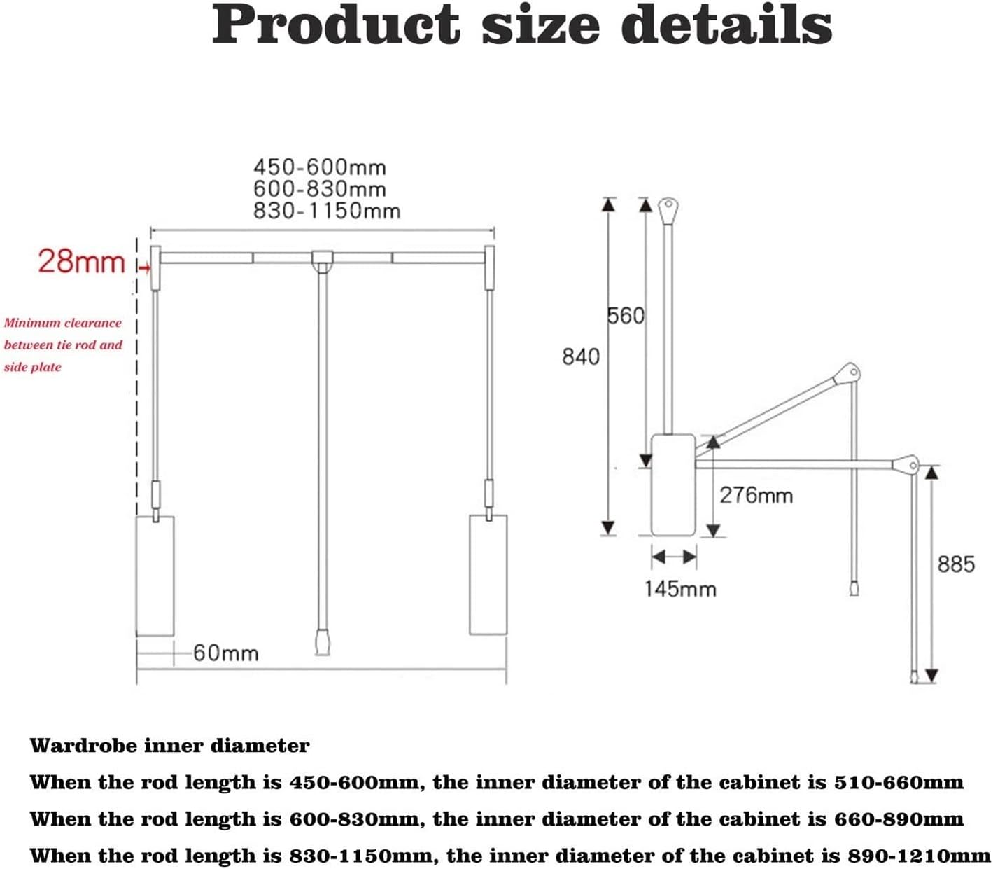 Adjustable Pull Down Closet Rail - Space-Saving Side Mounted Rod with Soft Return, Supports Up to 20KG, Fits 830-1150mm Closets - Ideal for Efficient Organization