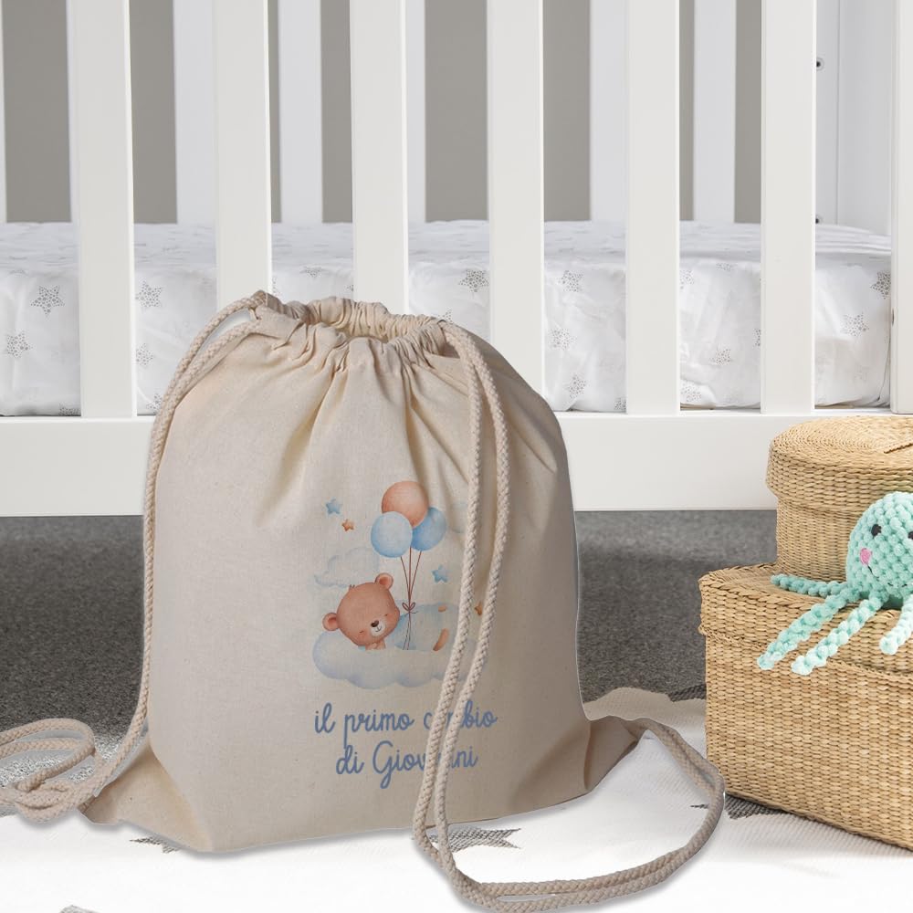 Generico Zaino a Sacca in Cotone 130gr per Bebè Neonato Personalizzato con Nome e Orsetto Regalo