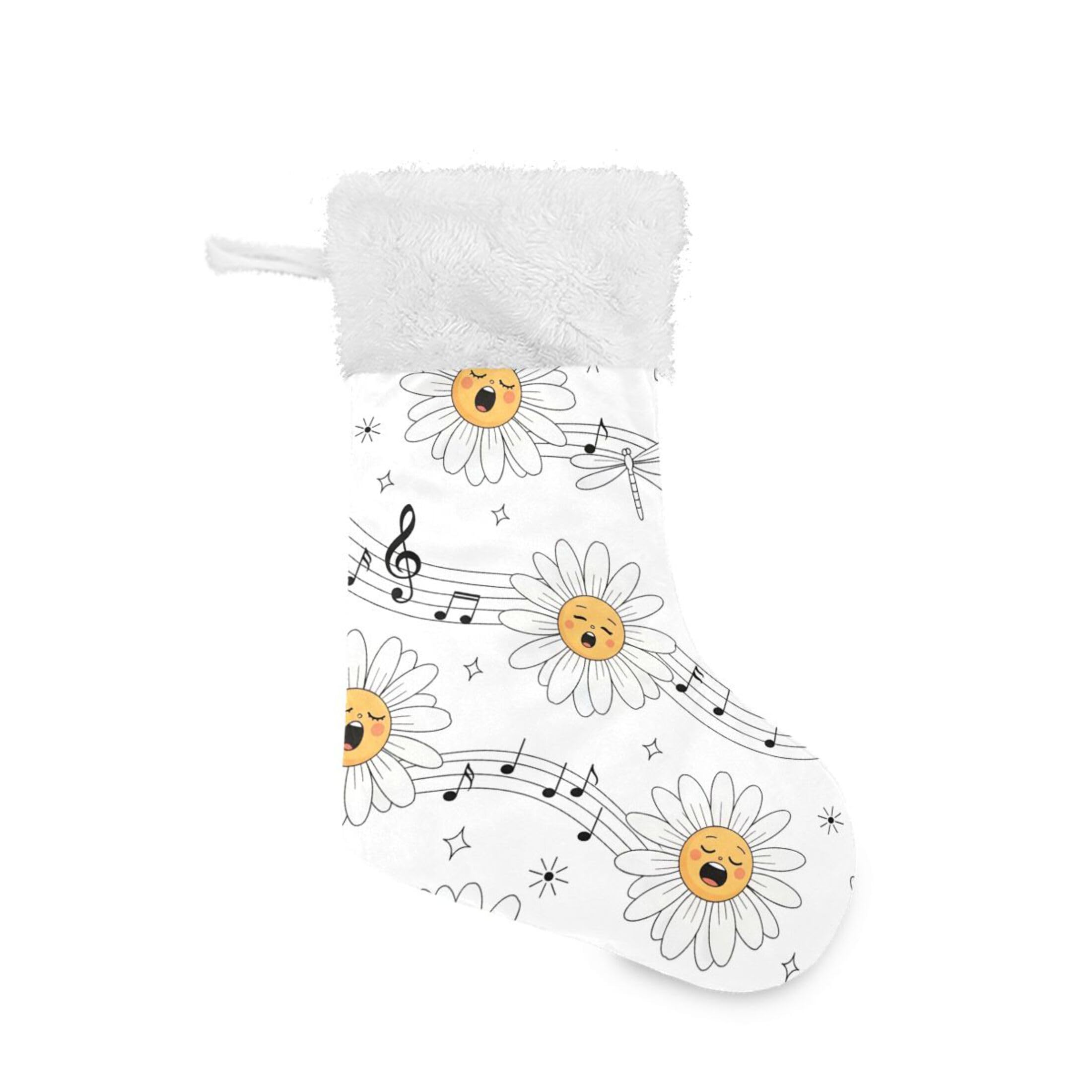 Fuauuyl Daisy Music Note Christmas Stocking 18 In Xmas Hanging Stocking with Plush Cuff for Family Holiday Party Fireplace Decorations, 1 Pack