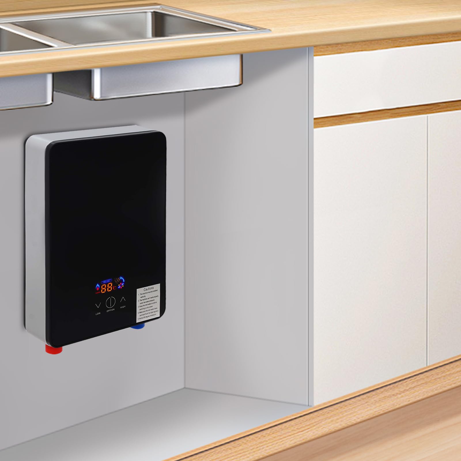 Calentador de agua eléctrico de 6500 W, 220 V, mini calentador de agua con cabezal de ducha, portátil, con indicador LED, sin depósito, calentador de agua para cocinas