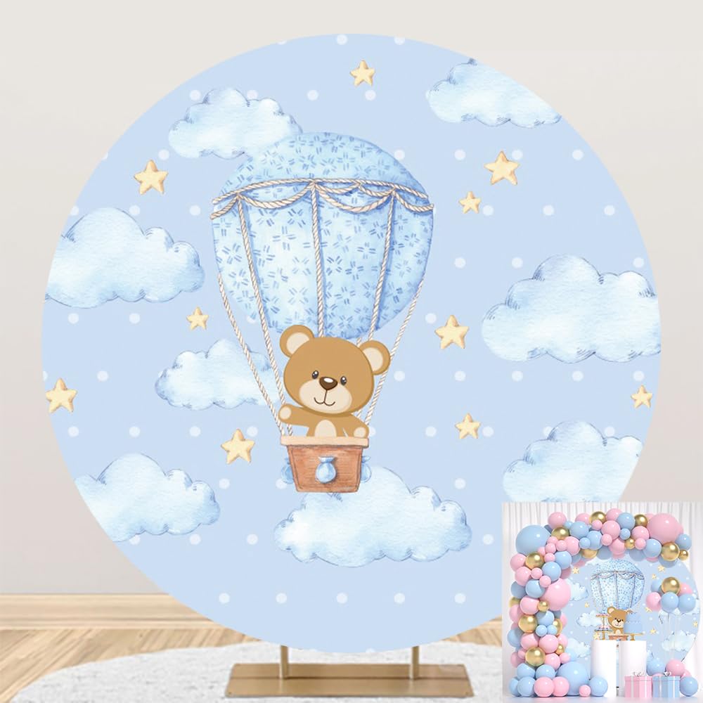Runder Hintergrund mit Bär, brauner Bär mit Luftballon-Sternen, hellblauem Himmel, Wolkenhintergründe für Neugeborene, Babyparty, Geburtstagsparty, Dekorationen, Kreisbogen, Foto-Requisiten, 7,6 x 2,2