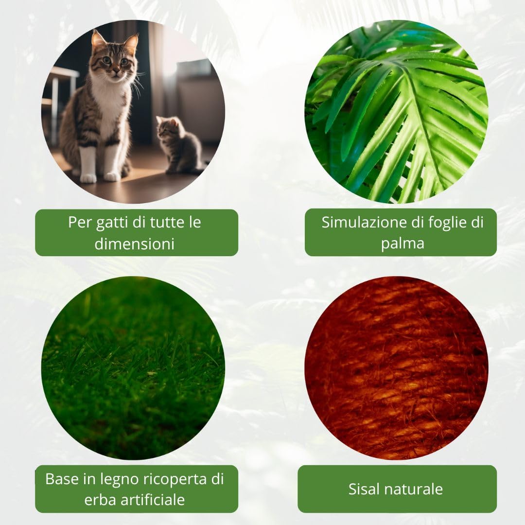 Tiragraffi per gatti 78 cm – Colonna tiragraffi per gatti con motivo palma e sfere oscillanti – Cat Scratching Post – Tiragraffi gatto corda in sisal naturale – Tiragraffi legno