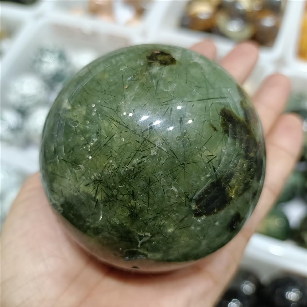 AUOQKQUT Green Grape Tourmaline Stone Ball Quartz Crystal Home Demagnetization Decorative Gem Ornaments (Size : 71-75mm)