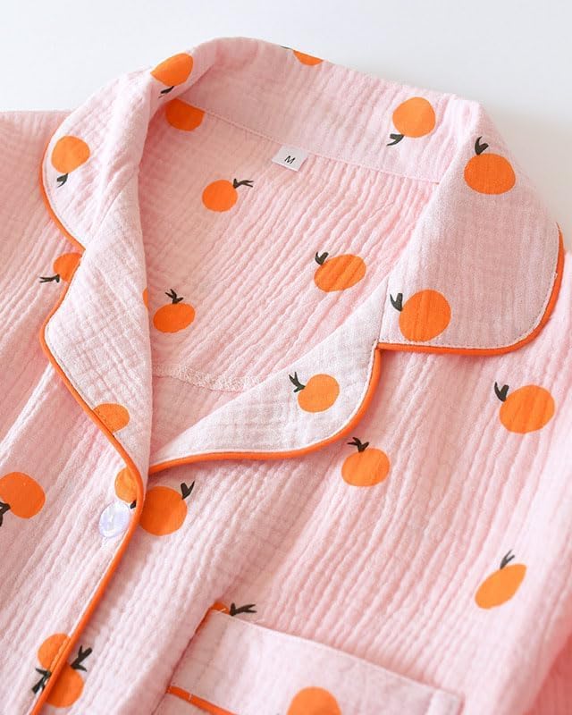 Image of codcm Womens Cotton Gauze Pajama Set Long Sleeve Button Up Shirt and Pants 2 Piece Cute Printed Pj Set