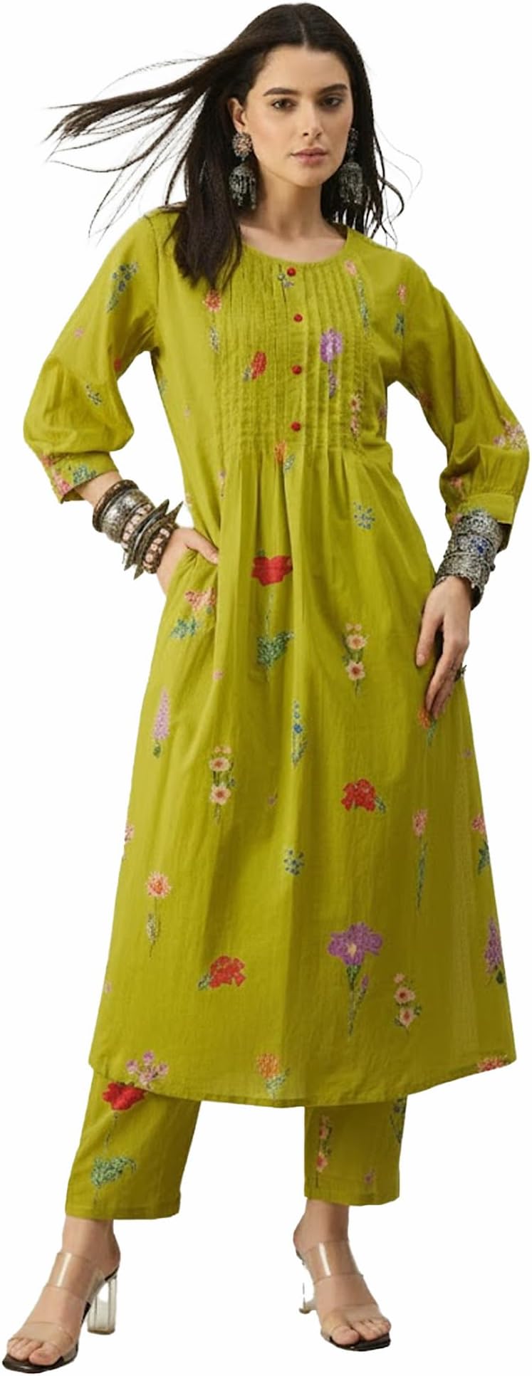INDO ERA Women Rayon Viscose Floral Embroidered A-Line Kurta With Pant Set/Co-Ord Set