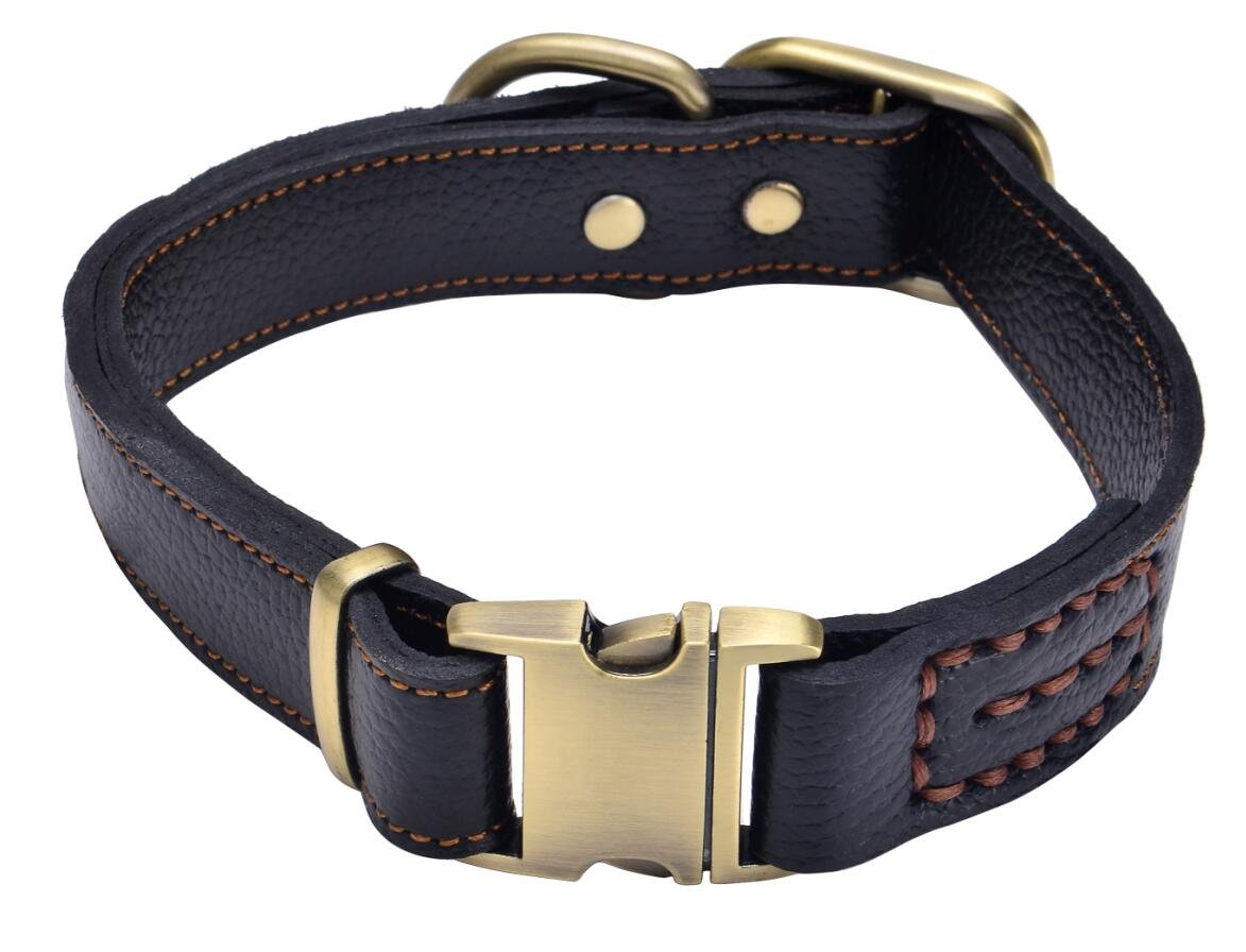 Genuine Leather Pet Dog Collar Durable and Comfortable Adjustable S M L Black Brown (S, Black)