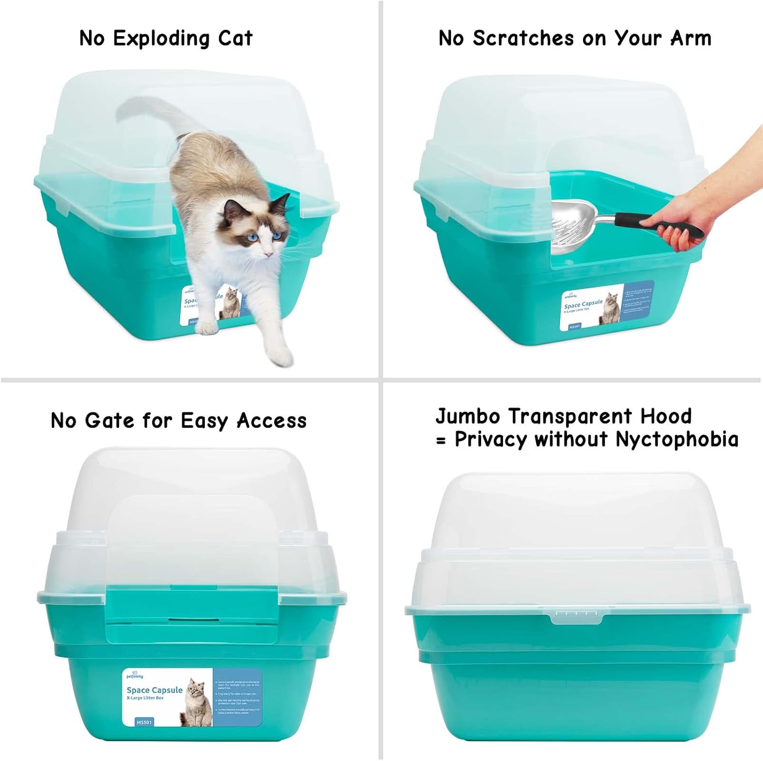 Cat Litter Box, Large Foldable Jumbo Hooded Cat Litter Box with Transparent Lid (Teal)