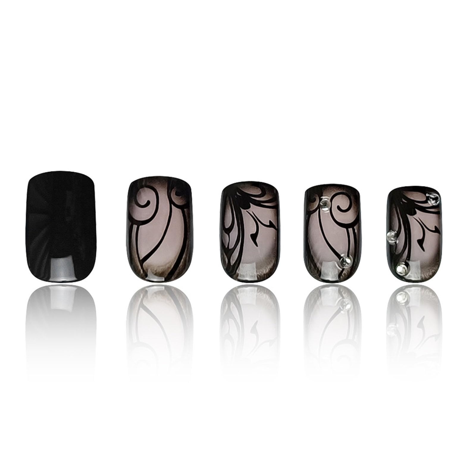 Black Press on Nails Medium Square Fake Nails with Black Vine Designs Dark Style Glue on Nails Press ons Acrylic False Nails Full Cover Stick on Nails for Women
