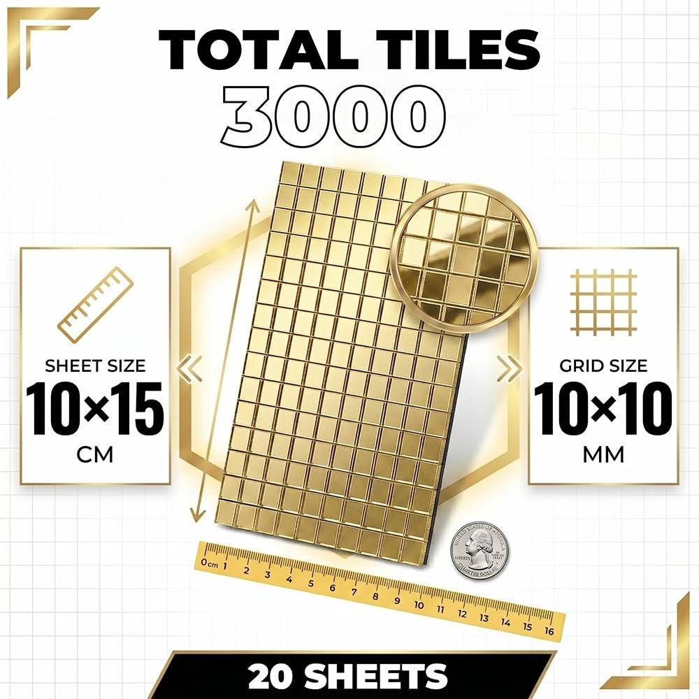 Selbstklebende Mosaikfliesen 3000 Stück Mini Spiegel Mosaik Selbstklebend Quadratische Glasspiegel Aufkleber für Bad Wohnzimmer Küche DIY Heimdekorationen (10 x 10 mm, Gold)