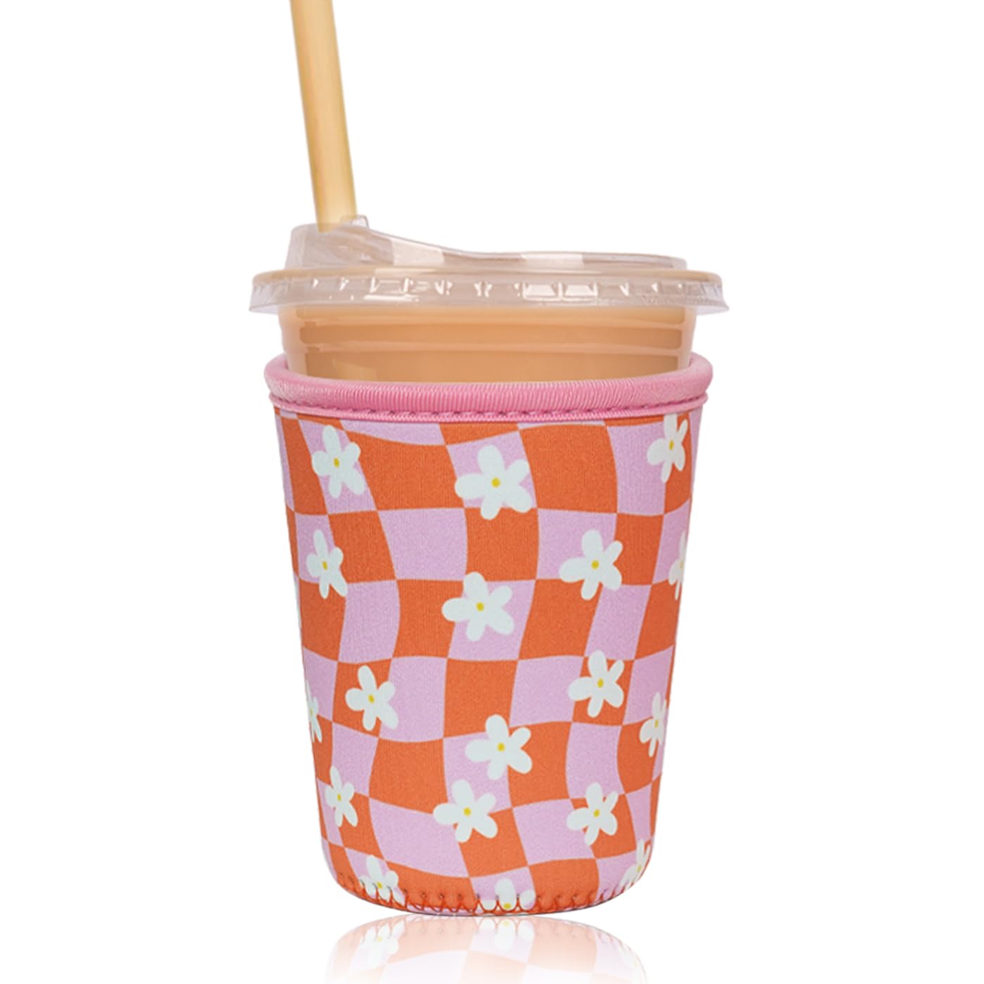 Reusable Insulated Sleeve for Iced Coffee Cup, Coffee Neoprene Sleeve for Cold &amp; Hot Drinks, Beverage Holder for Iced Coffee (Daisy Grid, Small: 16-18oz)