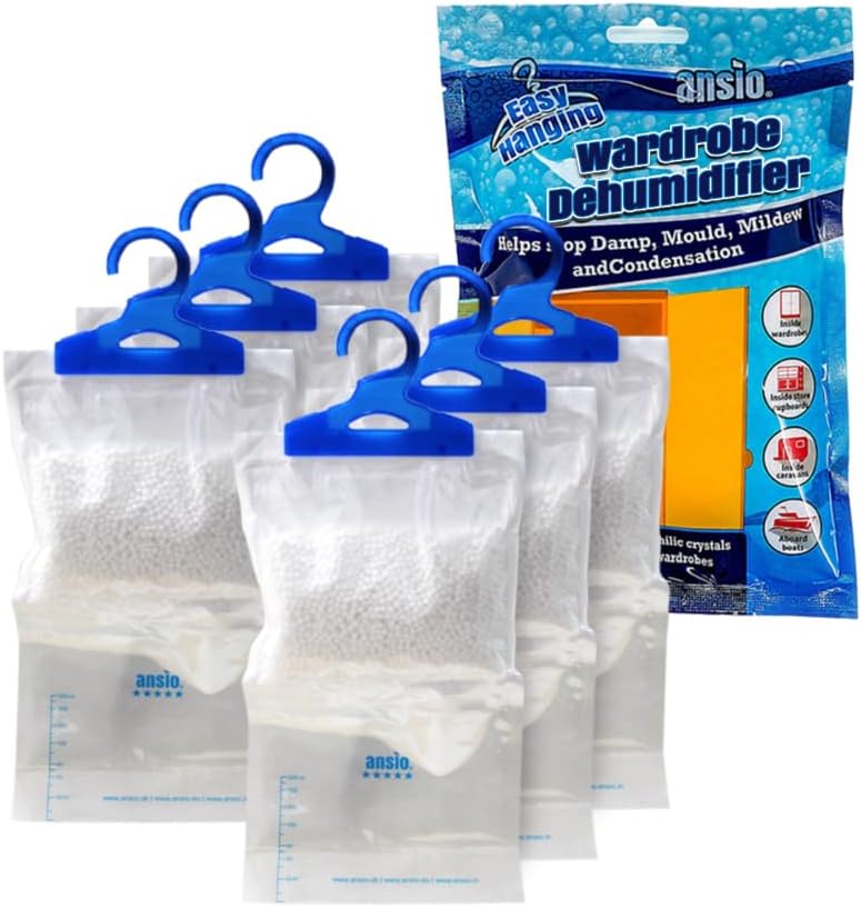 ANSIO Wardrobe Dehumidifier Hanging Bags Pack of 6, Trap, Condensation, Dehumidifiers for Damp, Mould, Bedroom, Caravan, Bathroom, Basement, Office – 210g Each