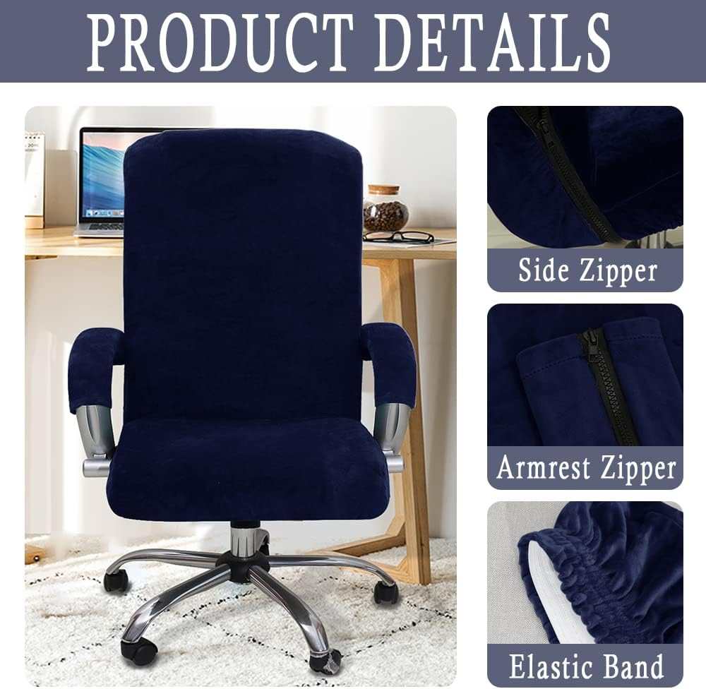 ITFRO 3 Piece Office Chair Cover with Armrest Covers Velvet Computer Desk Chair Cover with Zipper Universal Rotating Gaming Chair Slipcover High Back Chair Seat Protector (Royal Blue)
