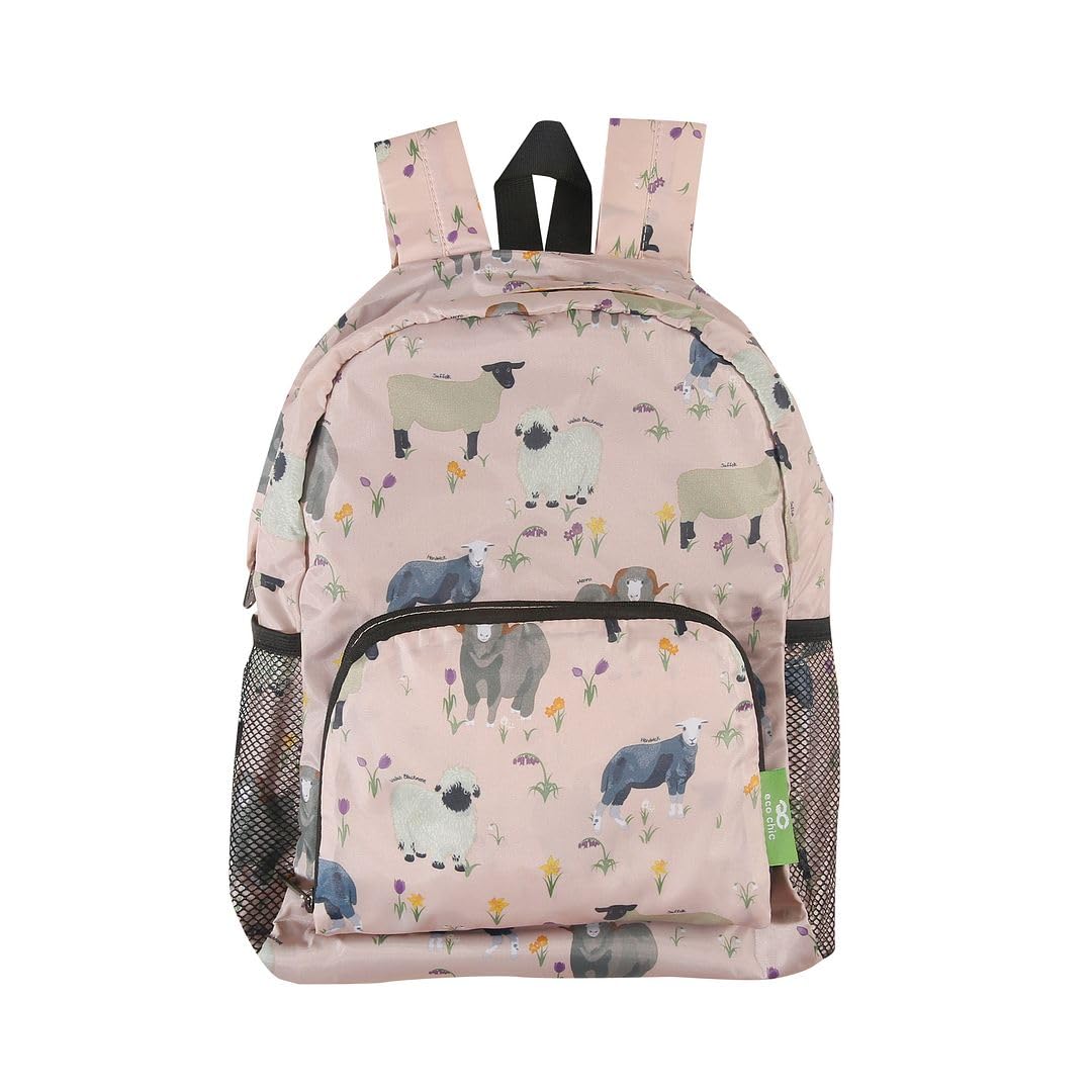 ECO CHIC Lightweight Foldable Water Resistant Mini Backpack Folds Into Pouch for Storage (Sheep Realism Beige)