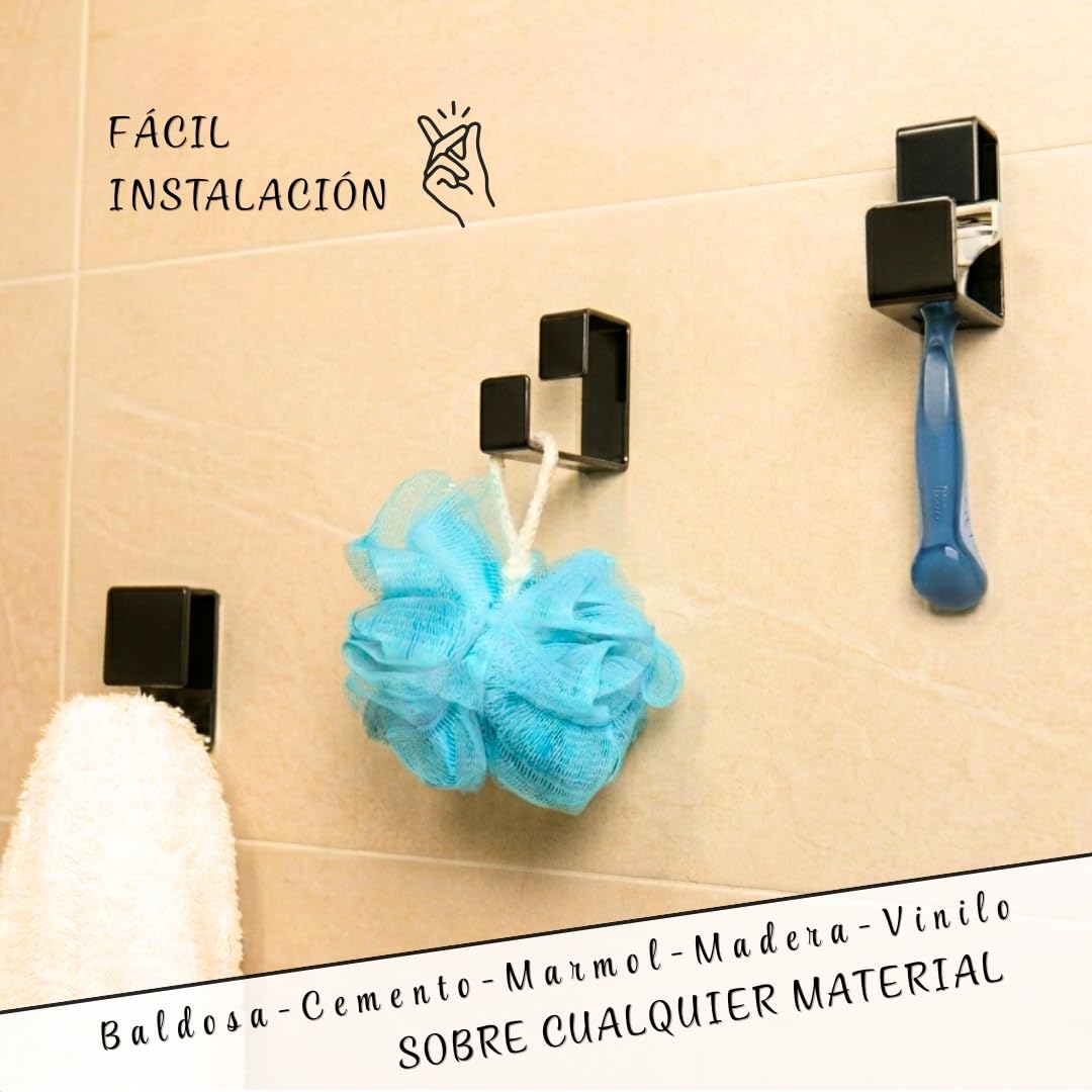 Accesorios Baño sin Taladro - Set de Baño 4 Piezas (Portarrollos Doble con Balda, Toallero y 2 Ganchos) - Accesorios Baño Negro Mate Texturizado - Kit de Instalación Incluido para un Montaje Sencillo