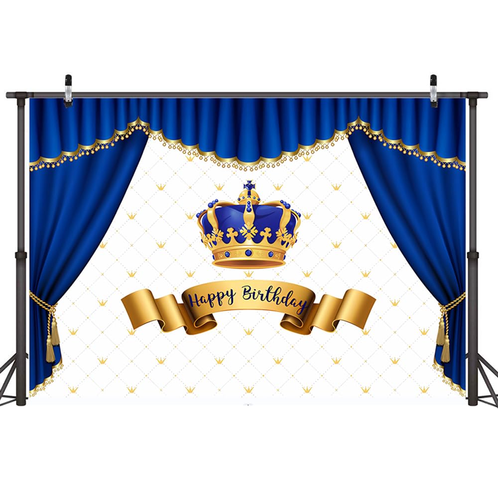 Zling 8x6ft Royal Prince Baby Shower Backdrop Prince Birthday Decorations for Boy Blue and Gold Curtain Crown Photography Background Photo Booth Studio Props