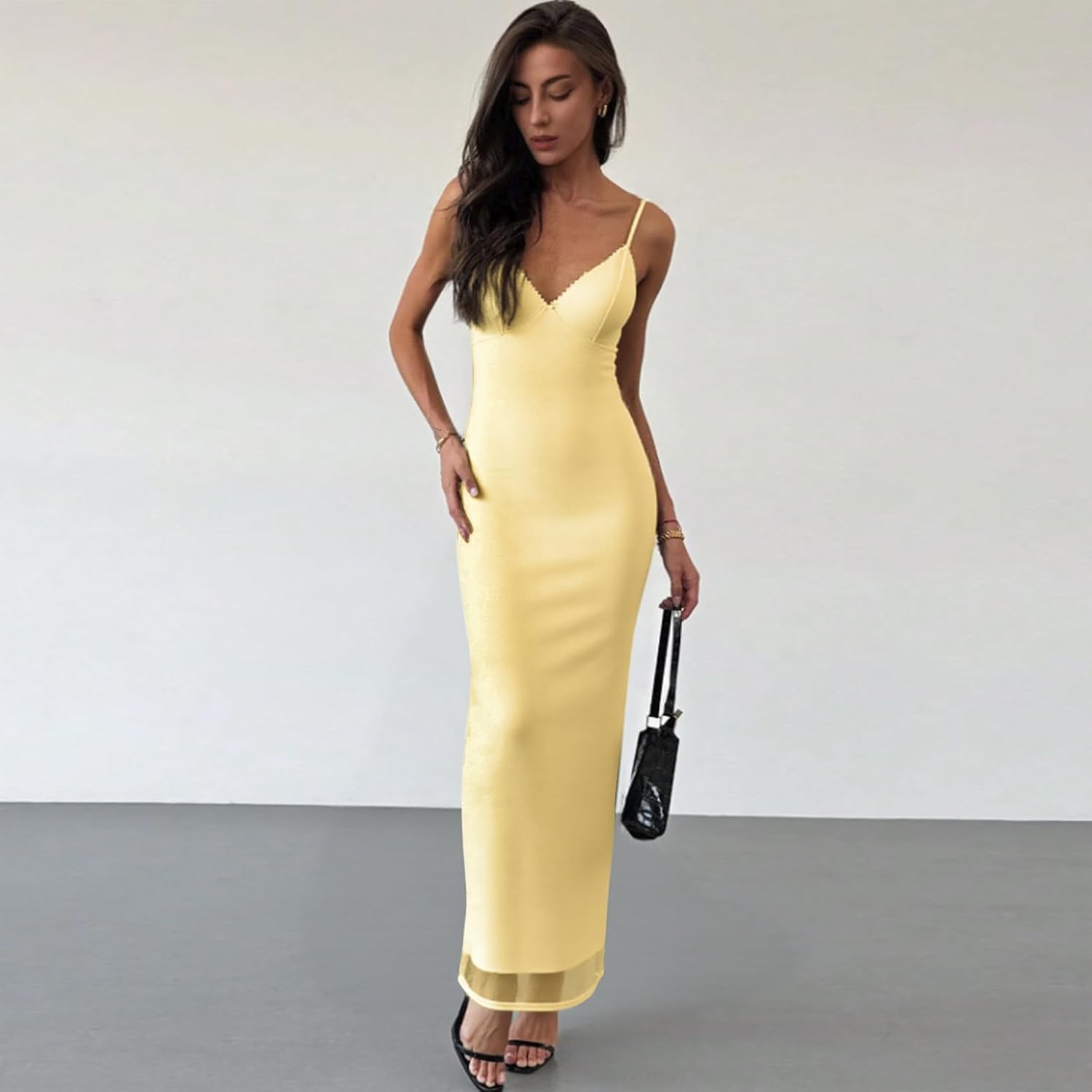 Women Sexy Spaghetti Strap Maxi Dress V Neck Lace Trim Mesh Night Club Party Bodycon Long Dress - Image 2