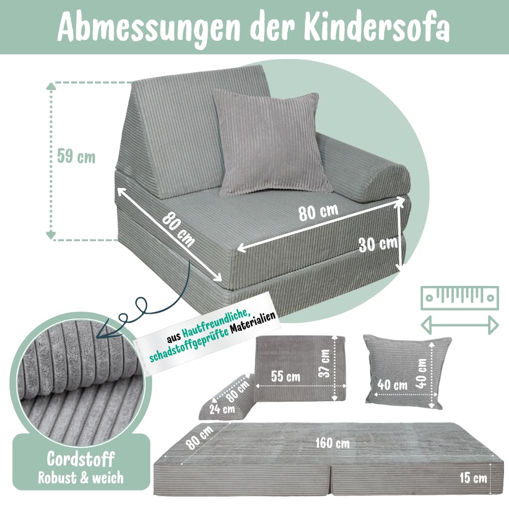 Spielsofa für Kinder & Kindersessel aus Cordstoff | Weiches Kindersofa | Bequeme Kinder Couch mit abnehmbaren, waschbaren Bezügen | Ergonomisches Spielsofa für Spielzimmer, Hellblau