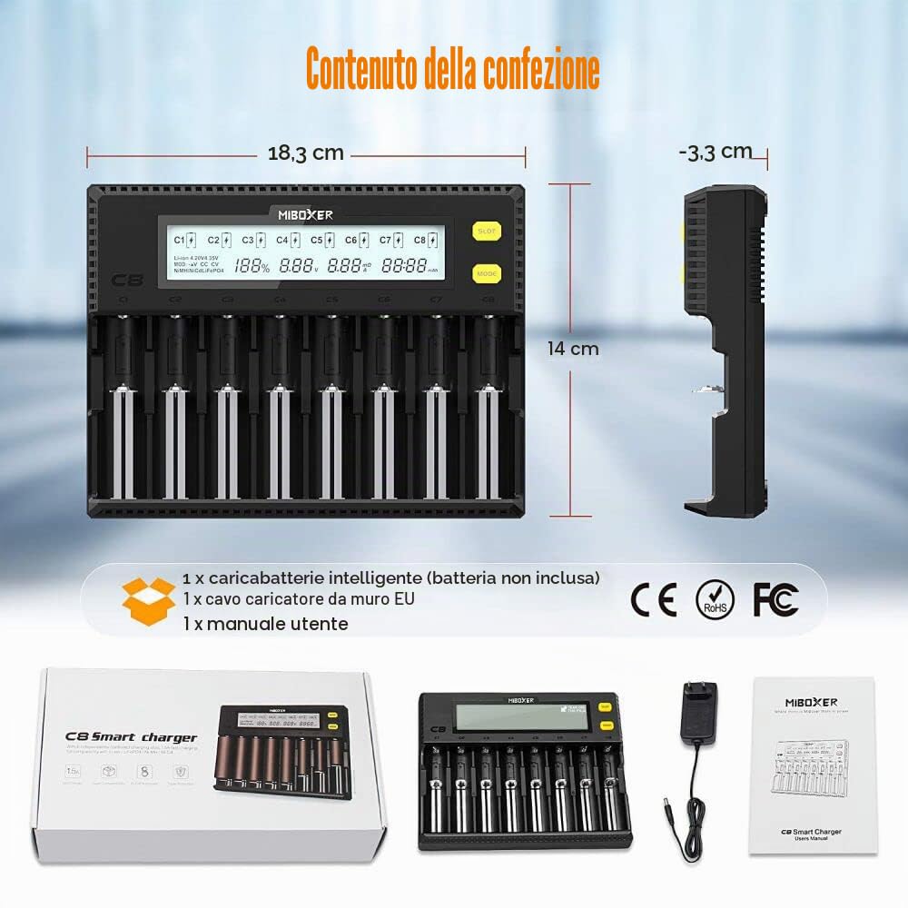 Caricabatteria 18650, Caricabatterie MiBOXER 8 Baie con Display LCD Automatico, Ricarica Rapida LiFePO4 Ni-MH Ni-CD AA AAA C 21700 26650 13650 16340 18350 18700 RCR123