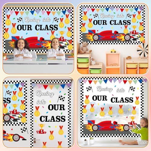 Image of gisgfim Racing Car Bulletin Board Decorations Racing Into Our Class Paper Cutouts Motivational Cars Medal Bulletin Board Set for Back to School Teacher Classroom Kindergarten Wall Decor Supplies