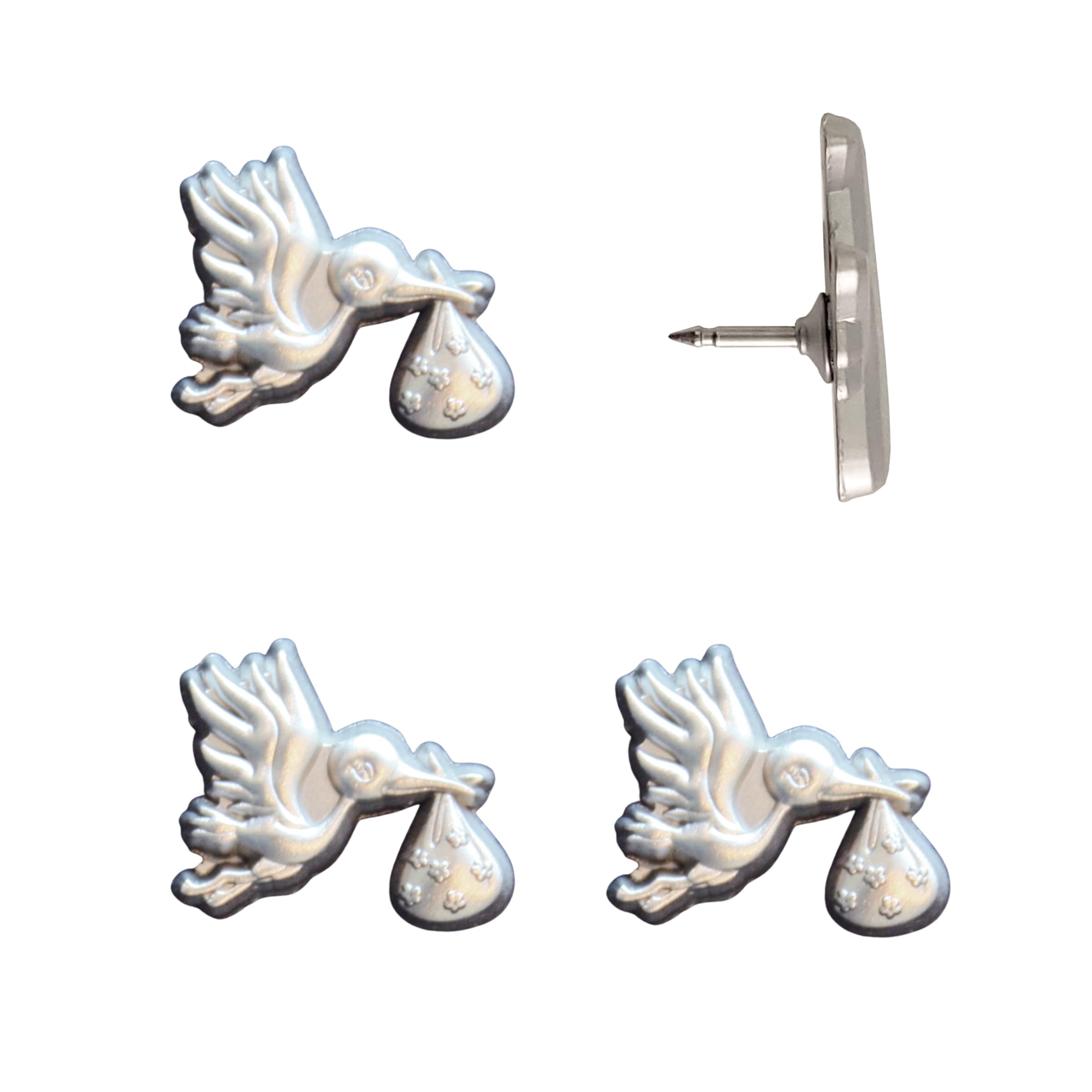 Stork Carrying Baby Map Pins - Silver Stork Pins for Cork Boards, Maps, or Lapel Use - Designed in USA - Set of 4