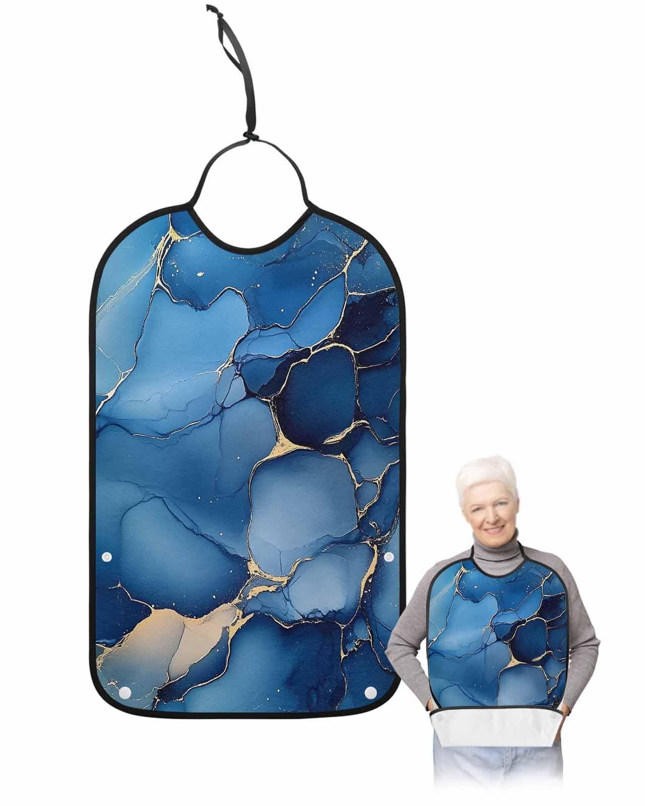 Onekaccu Marble Blue Adult Bibs for Elderly Women Men Washable Bibs for Eating, Minimalist Geometric Gold Crack Ripples Waterproof Clothing Protectors Adult Bibs with Crumb Catcher
