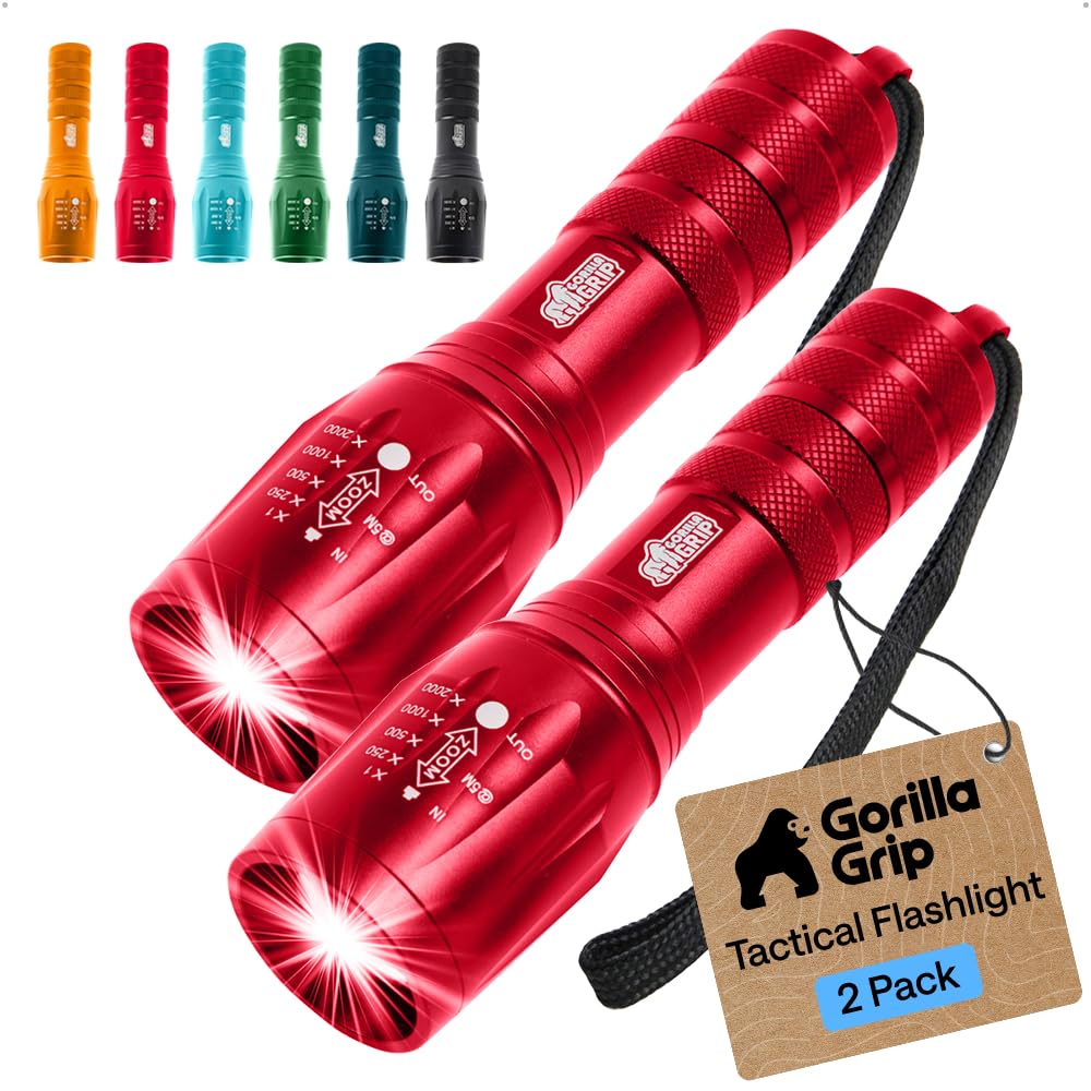 GORILLA GRIP Powerful LED Tactical Flashlight, 2 Pack, Red