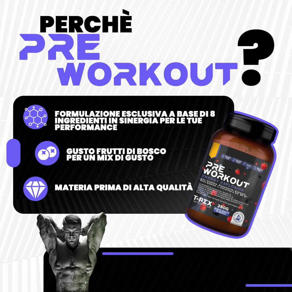 T-Rex Integratori Pre Workout, Energy Drink Potente con Creatina Monoidrata, Citrullina, Taurina, Arginina, Beta Alanina e Vitamine - Senza Caffeina, 250 g (250 g (Confezione da 1), Frutti di Bosco)