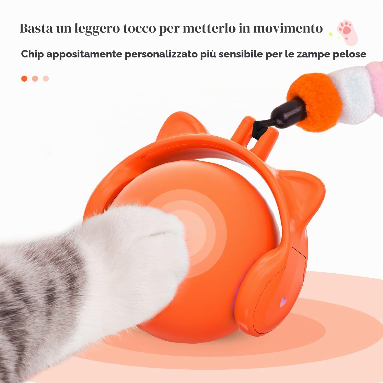 GoldenSun Giocattoli per Gatti, Palla Automatica Rotolante con Coda di Piume per Gatti da Interno, Giocattolo Attivato dal Movimento che Salta e Cinguetta, 3 Modalità Luce LED, Ricaricabile USB