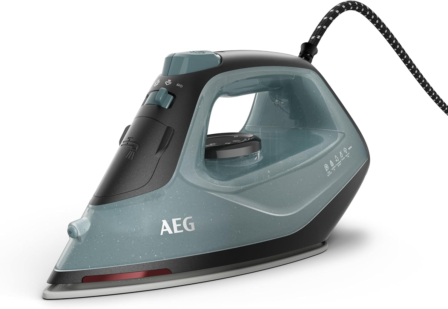 AEG Ferro da stiro a vapore, 2400 W, variabile, spray fine, 24% plastica riciclata, indicatore di calore residuo, cavo da 2 m, girevole a 180°, sistema anticalcare, piastra in ceramica, grigio verde