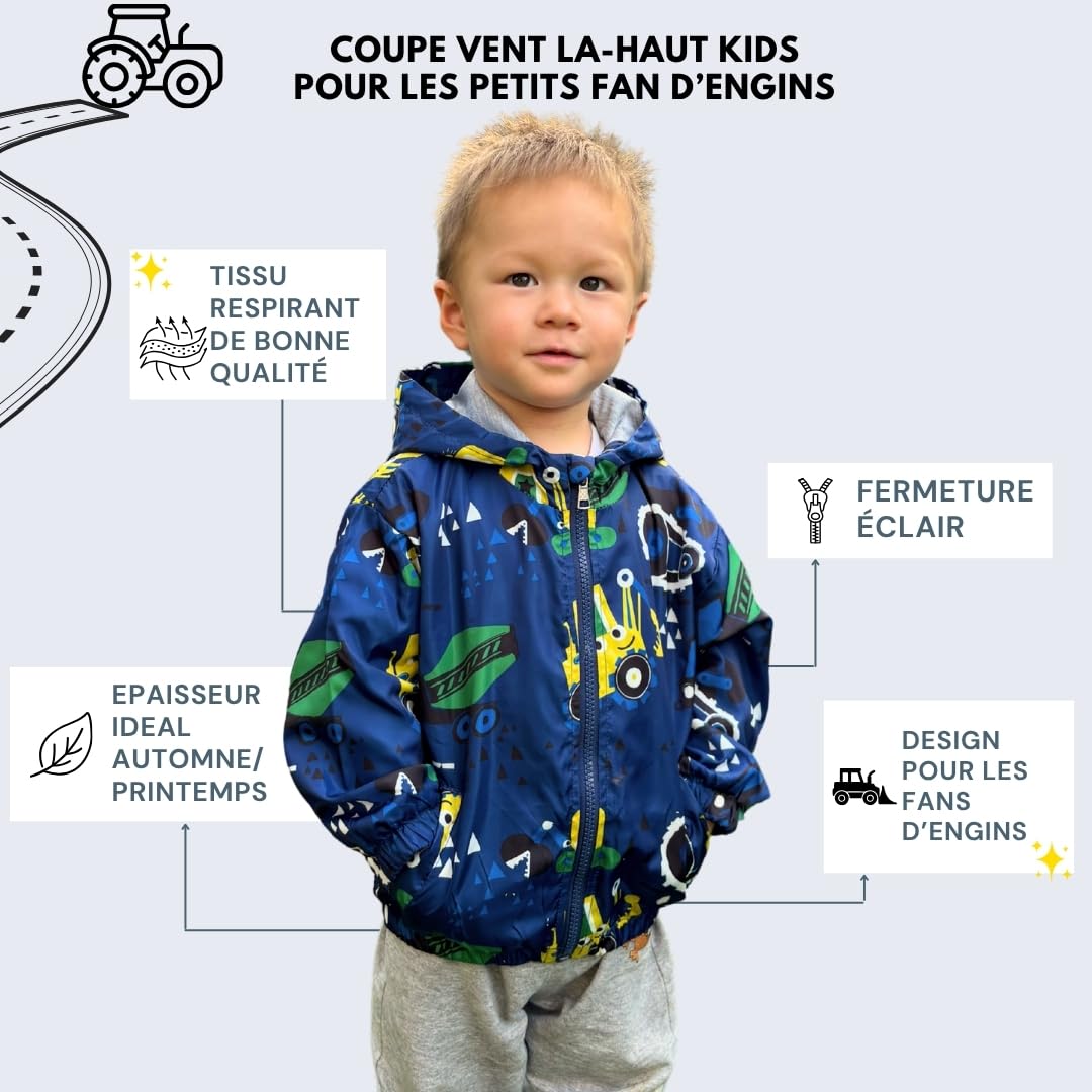 Giacca antivento autunno primavera con cappuccio ragazzo da 1 anno a 6 anni, giubbotto motivo attrezzi trattore, camion betoniera, bulldozer, cerniera lampo, fodera interna comfort